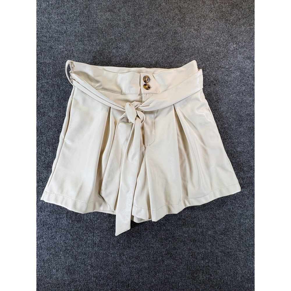 THML Faux Leather High Waisted Pleated Tie Belt Shorts Cream JH1454-1-CR Mens M
